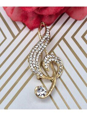 Beautiful Gold Tone & Crystal Paved Music Note Brooch Pin 2.25" Musician's Gift